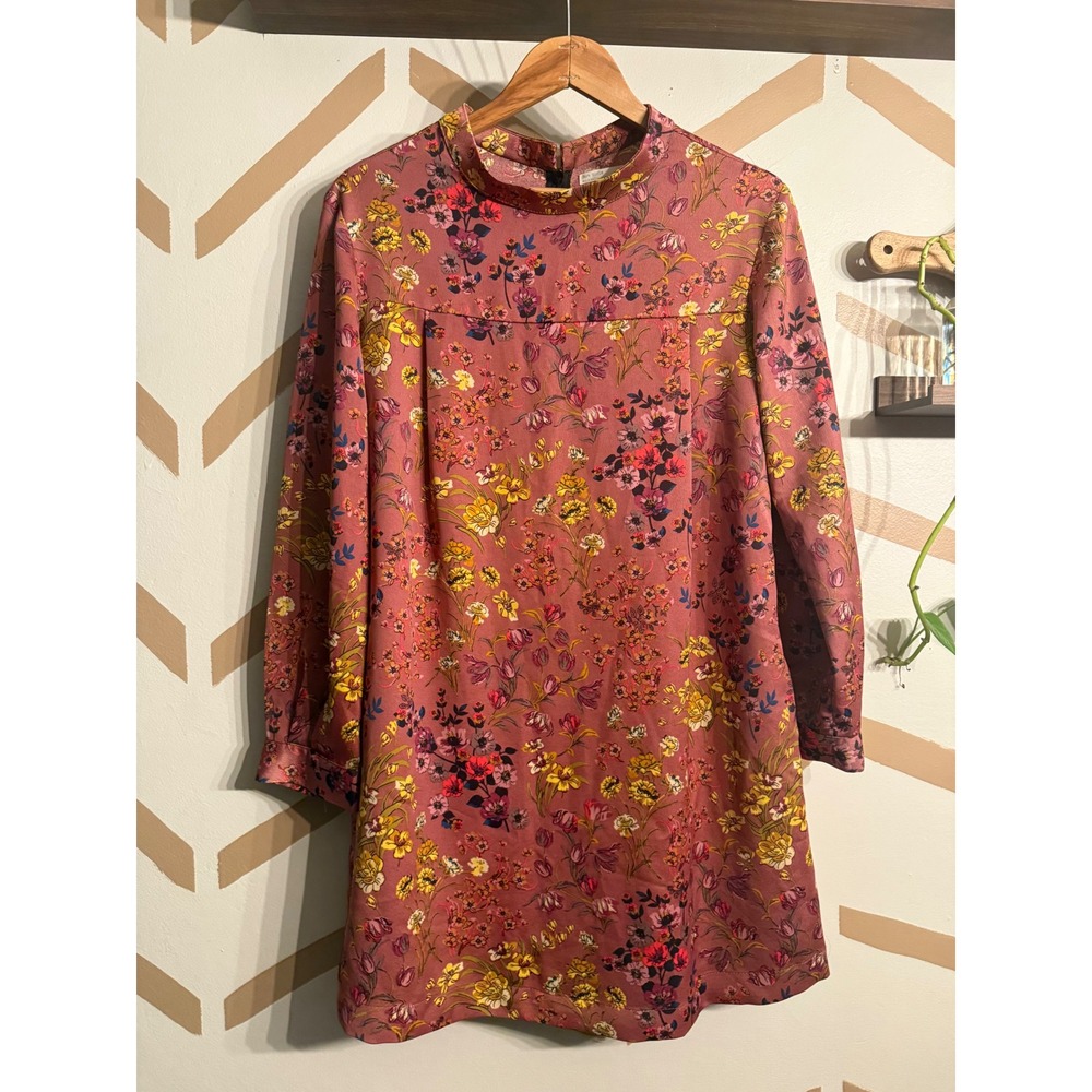 Zara Floral Silky Mini Dress Girls Size 13/14 Pink Long Sleeve Mock Neck Shift